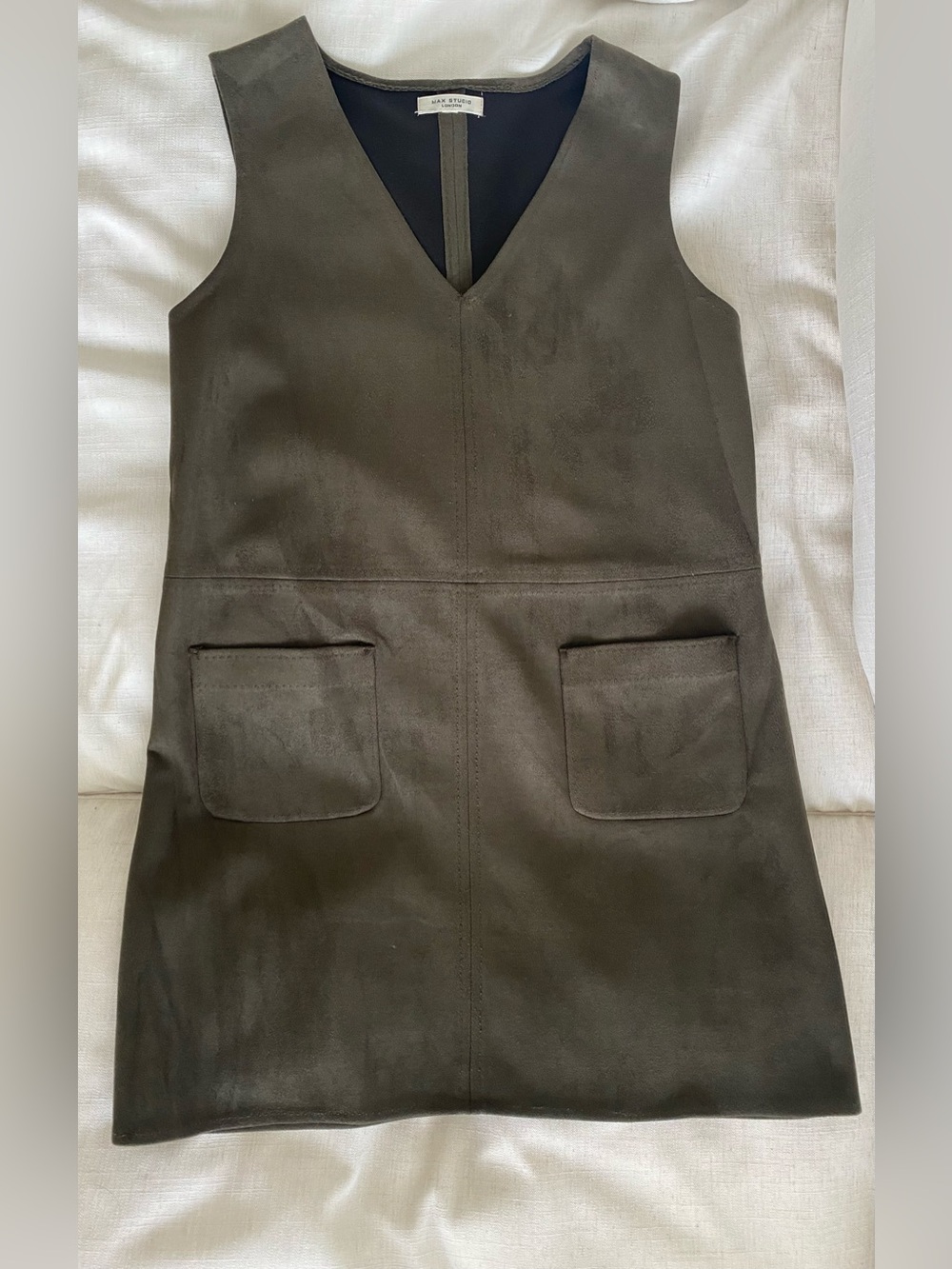 Faux Suede Olive Suede V-Neck Pocket Shift Dress